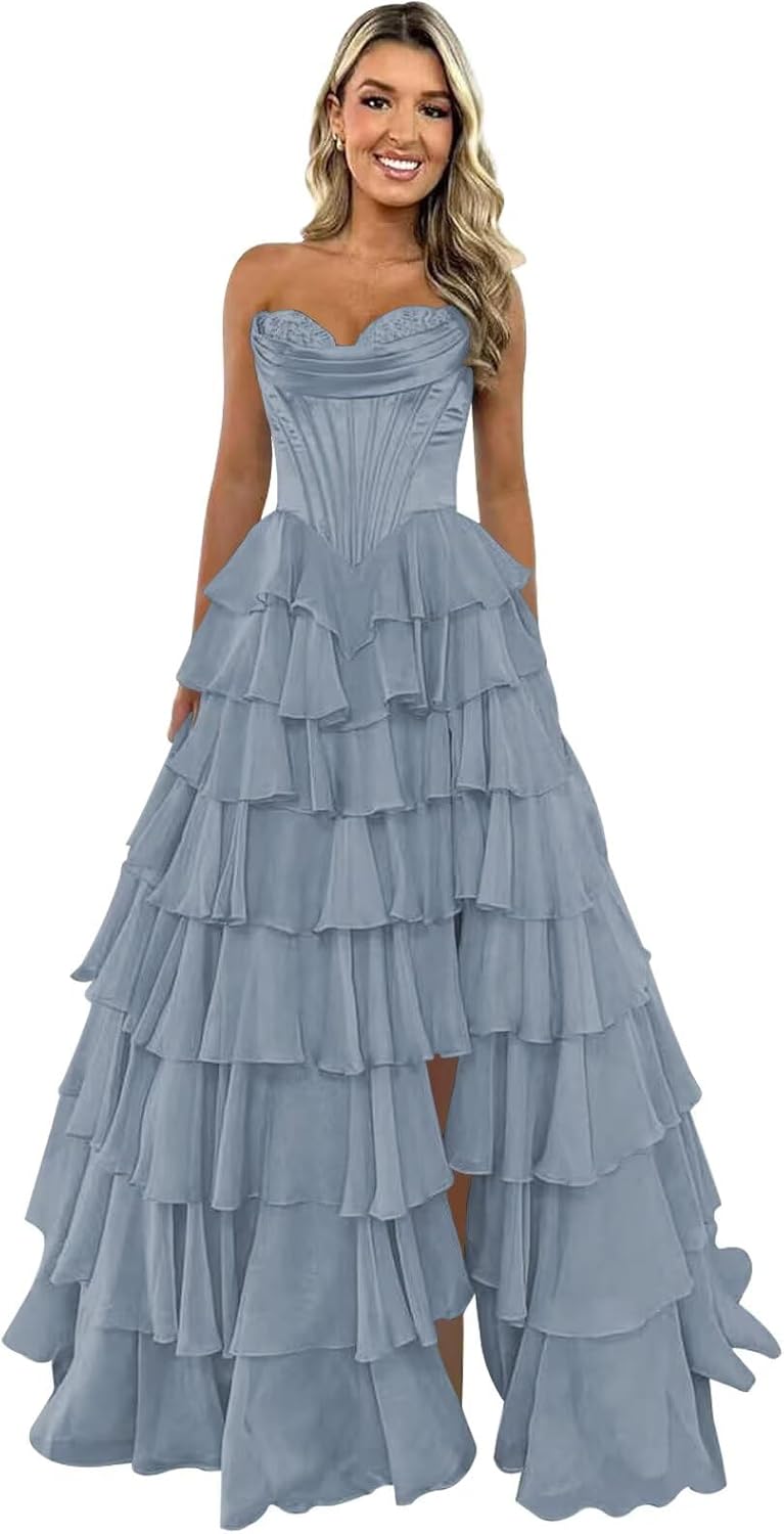 Strapless Corset Prom Dresses for Women 2025 Long Tiered Ruffle Chiffon Formal Evening Gown with Slit