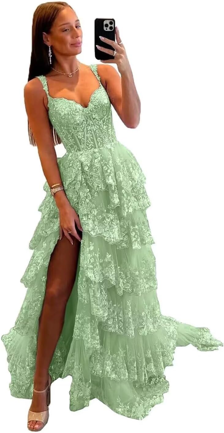 Sparkly Tiered Lace Tulle Prom Dresses Long 2025 Spaghetti Straps Formal Corset Evening Gown with Slit