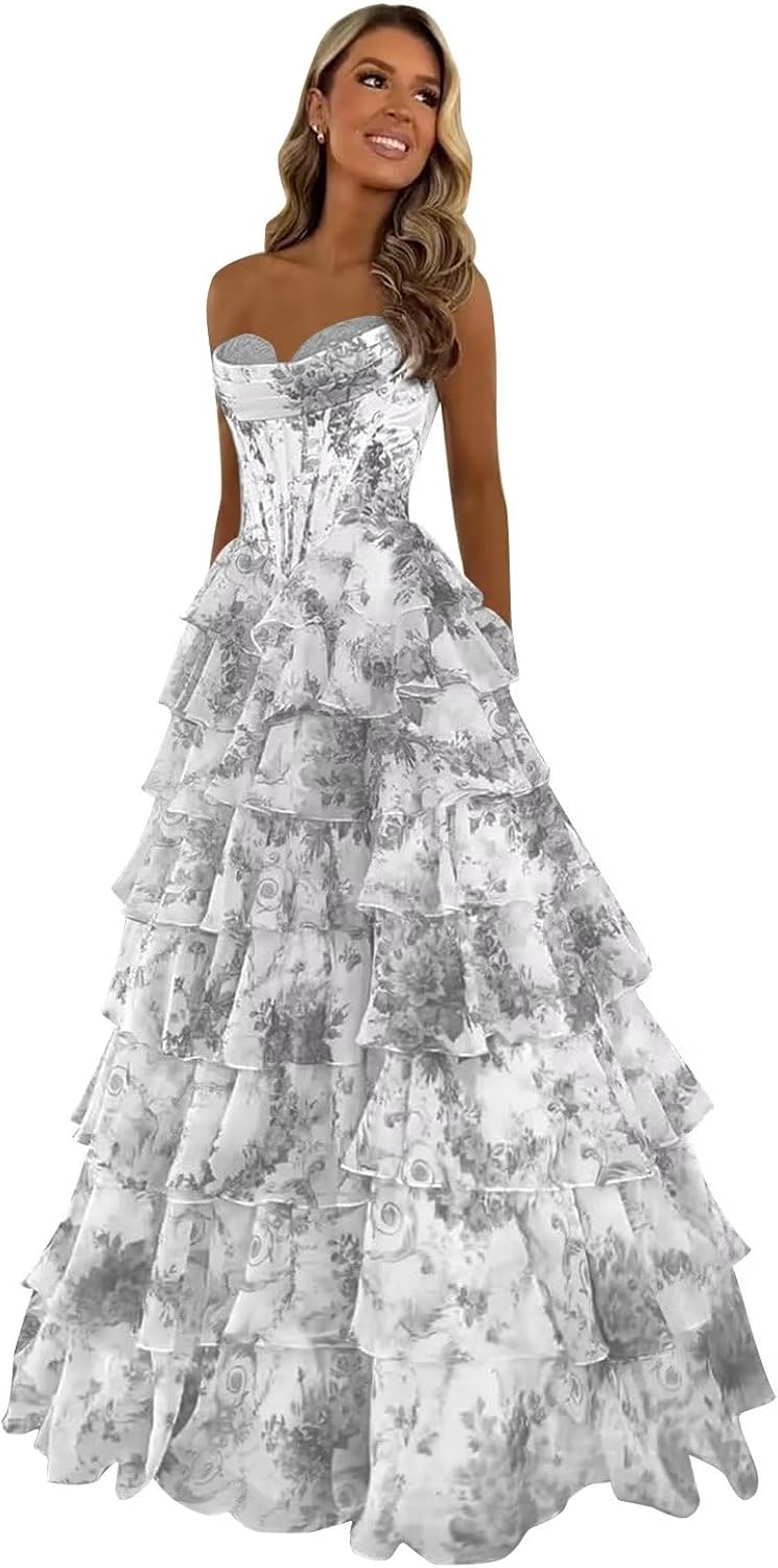 Strapless Corset Prom Dresses for Women 2025 Long Tiered Ruffle Chiffon Formal Evening Gown with Slit
