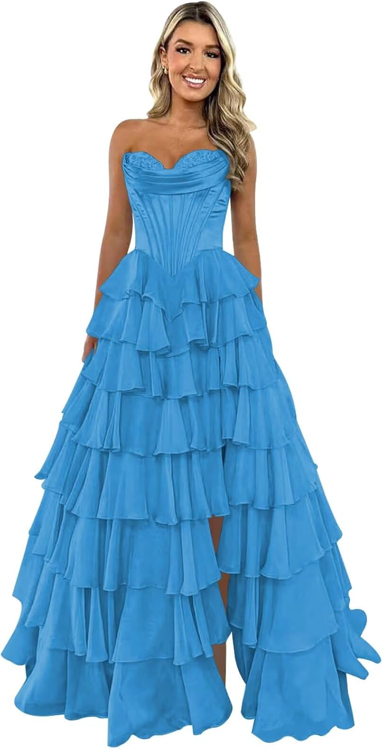 Strapless Corset Prom Dresses for Women 2025 Long Tiered Ruffle Chiffon Formal Evening Gown with Slit