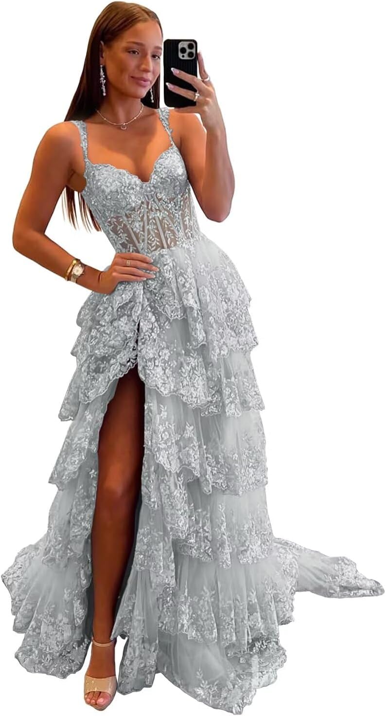 Sparkly Tiered Lace Tulle Prom Dresses Long 2025 Spaghetti Straps Formal Corset Evening Gown with Slit