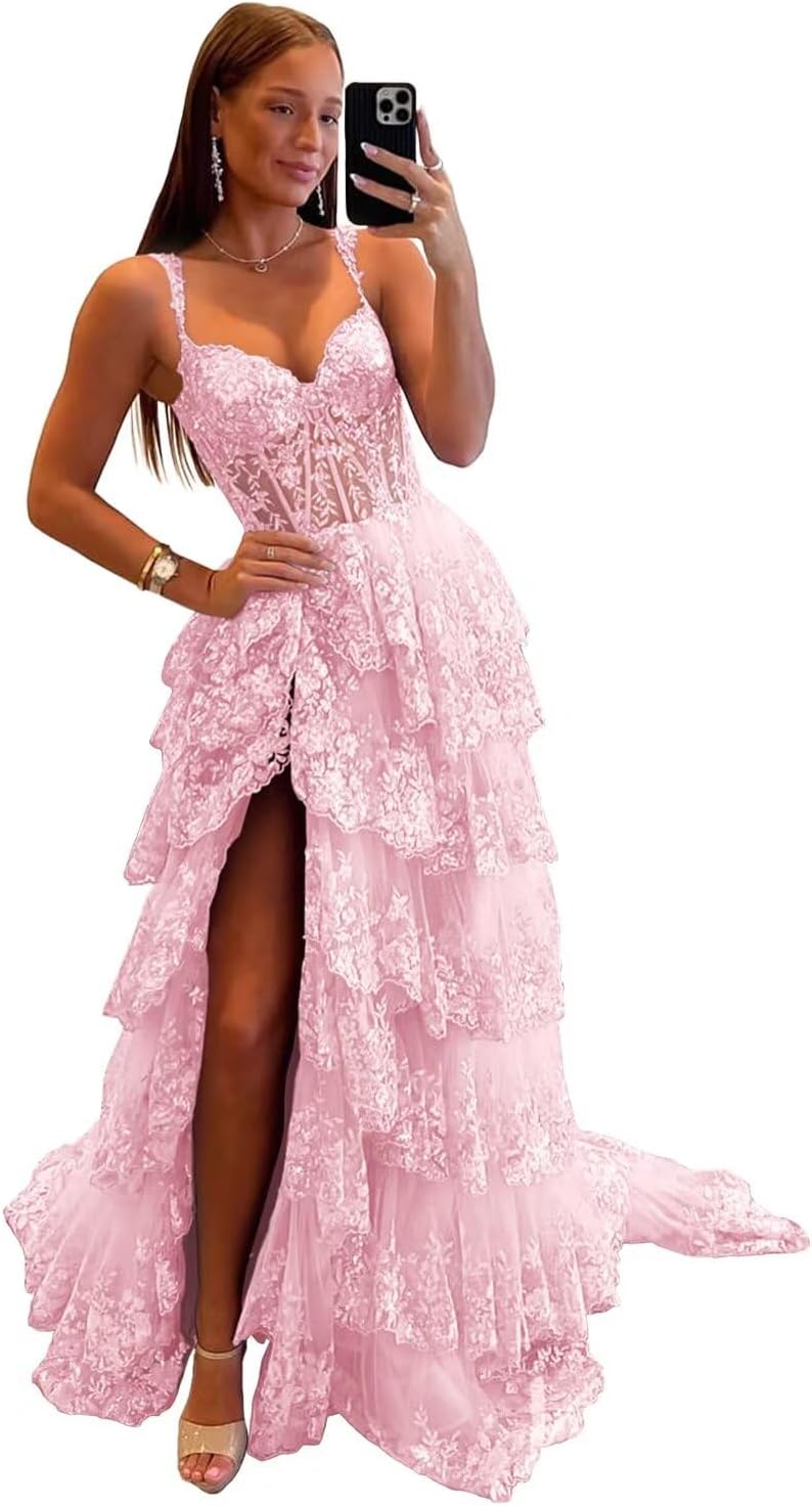 Sparkly Tiered Lace Tulle Prom Dresses Long 2025 Spaghetti Straps Formal Corset Evening Gown with Slit