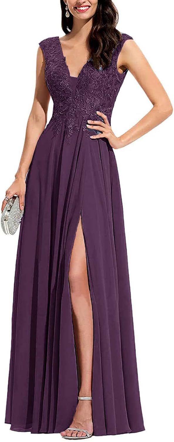 Chiffon Appliques Bridesmaid Dress Long V Neck Beaded Wedding Guest Gown with Split