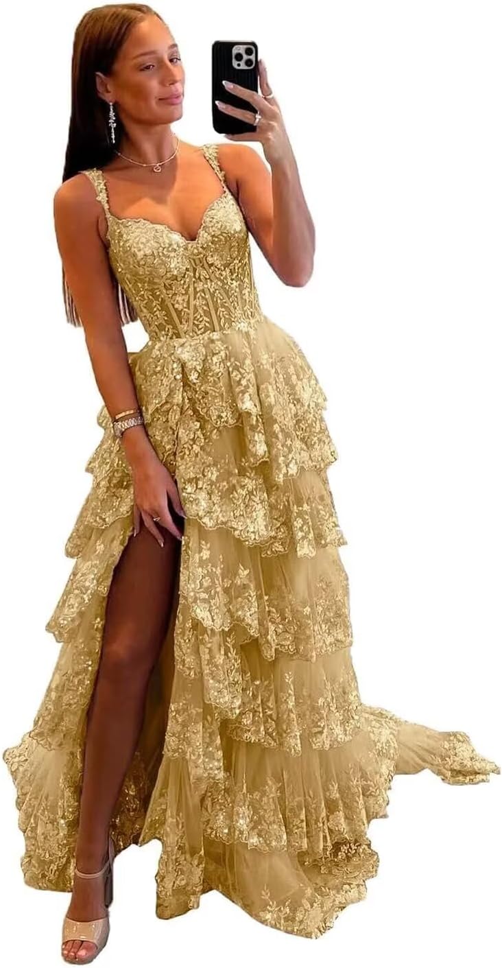 Sparkly Tiered Lace Tulle Prom Dresses Long 2025 Spaghetti Straps Formal Corset Evening Gown with Slit