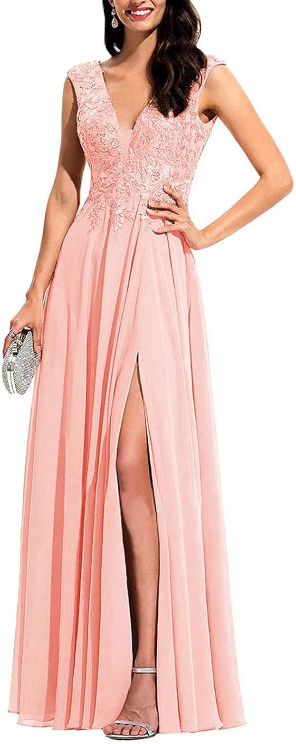 Chiffon Appliques Bridesmaid Dress Long V Neck Beaded Wedding Guest Gown with Split