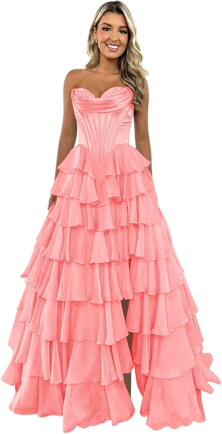 Strapless Corset Prom Dresses for Women 2025 Long Tiered Ruffle Chiffon Formal Evening Gown with Slit
