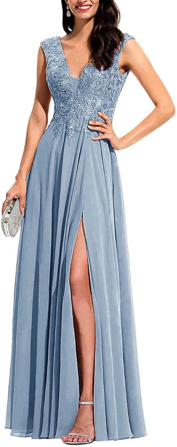 Chiffon Appliques Bridesmaid Dress Long V Neck Beaded Wedding Guest Gown with Split