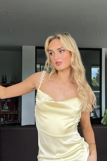 Charming Sheath Spaghetti Straps Yellow Long Party Dress with Pearl - View 5 | VelvetHem