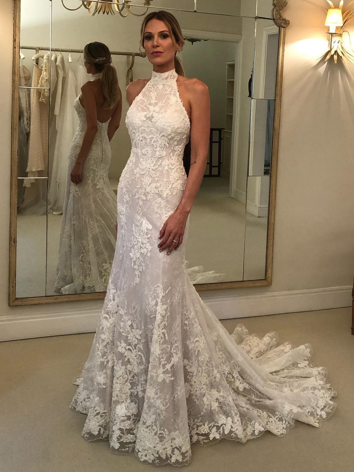 Halter Neck Mermaid Backless Lace Wedding Dress With Train - VelvetHem