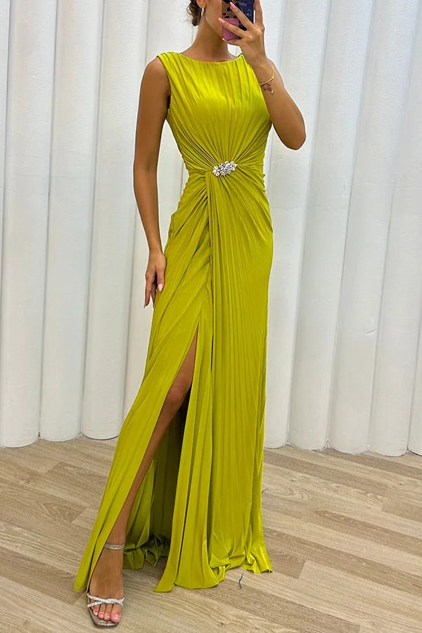 Renata Premium Pretty Special Evening Maxi Dress with Pleated Embellished Slit Statement Occasion Edit