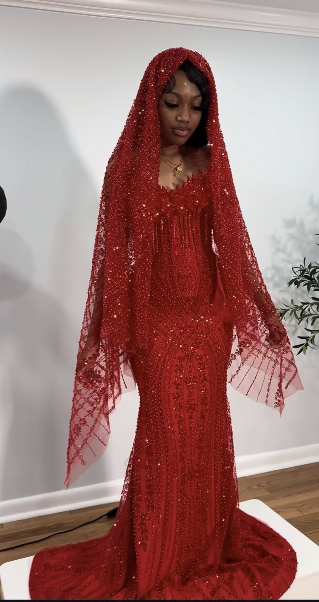 The Ruby Heiress - 2026 Hand-Beaded Crimson Mermaid Gown with Matching Crystal-Encrusted Hooded Veil (ZD17402) - VelvetHem