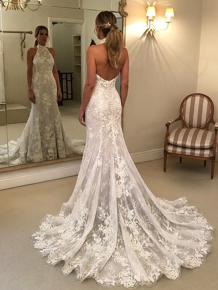 Halter Neck Mermaid Backless Lace Wedding Dress With Train