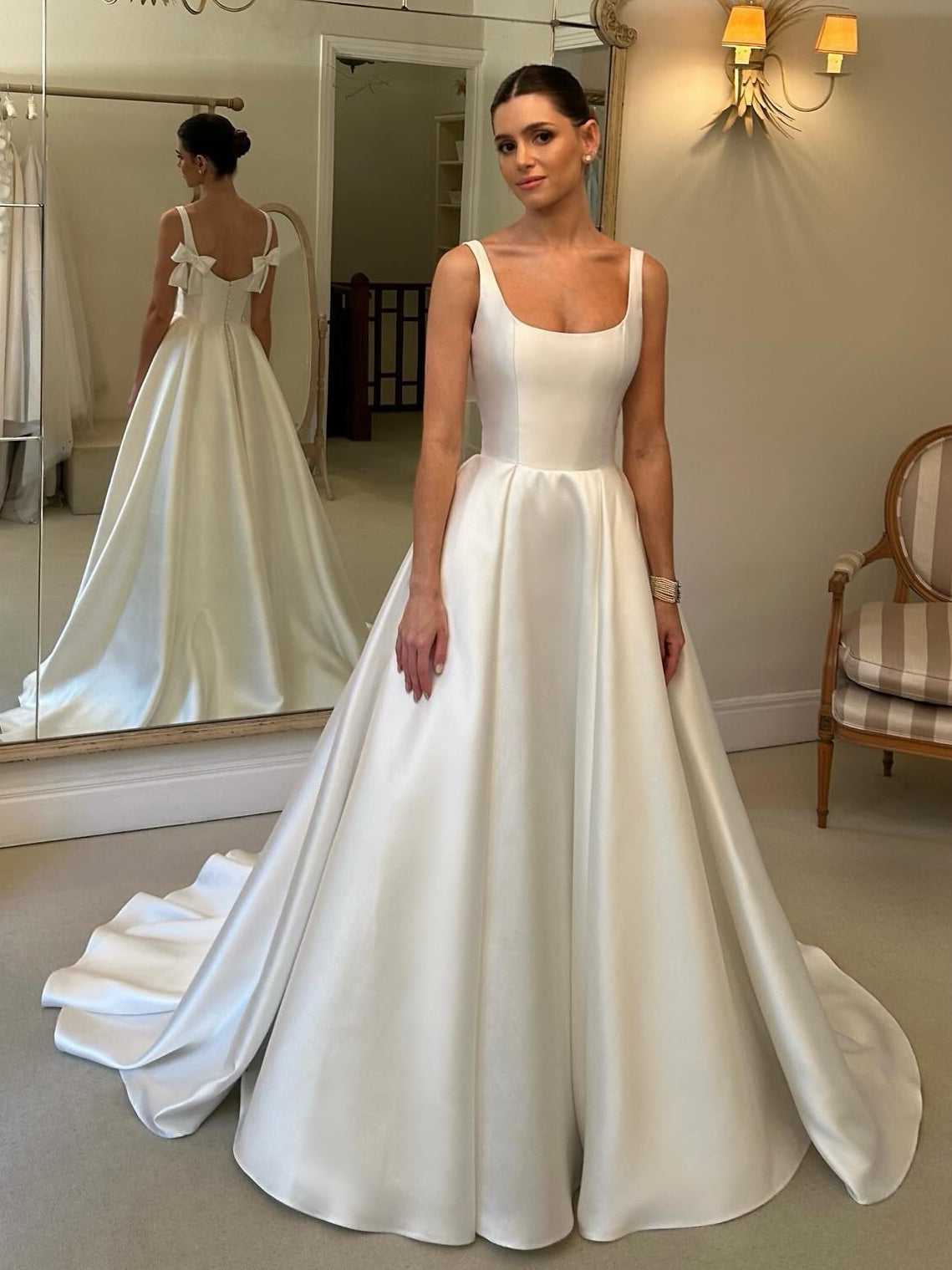Elegant A-Line Square Neck Satin Wedding Gown With Bow - VelvetHem