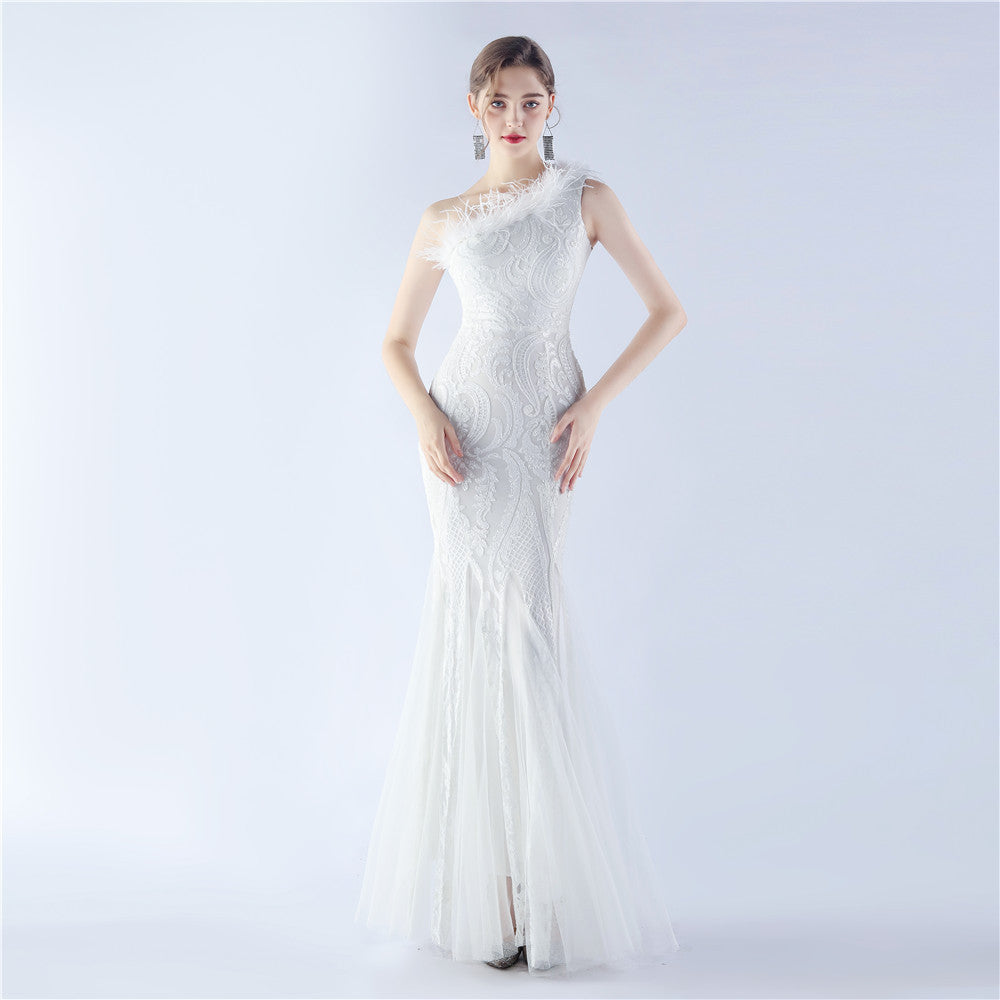 Craft Order Ostrich Feather Mesh Stitching Sequin High End Evening Dress - VelvetHem
