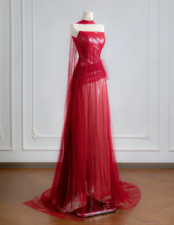 Strapless Red A Line Prom Dress Tulle Birthday Outfit Evening Dress - View 3 | VelvetHem