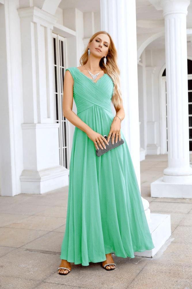 Ladies Chiffon V Neck Sleeveless Floor Length Bridesmaid Evening Dress Wedding Party Evening Dress 28126 by numbersea