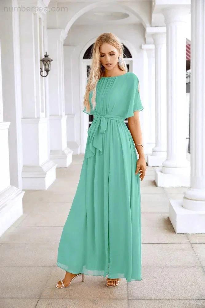 Ladies Chiffon Sleeve Crew Neck Front Slit Floor Length Bridesmaid Evening Dress Wedding Party Evening Dress 28124 (ZD17007)