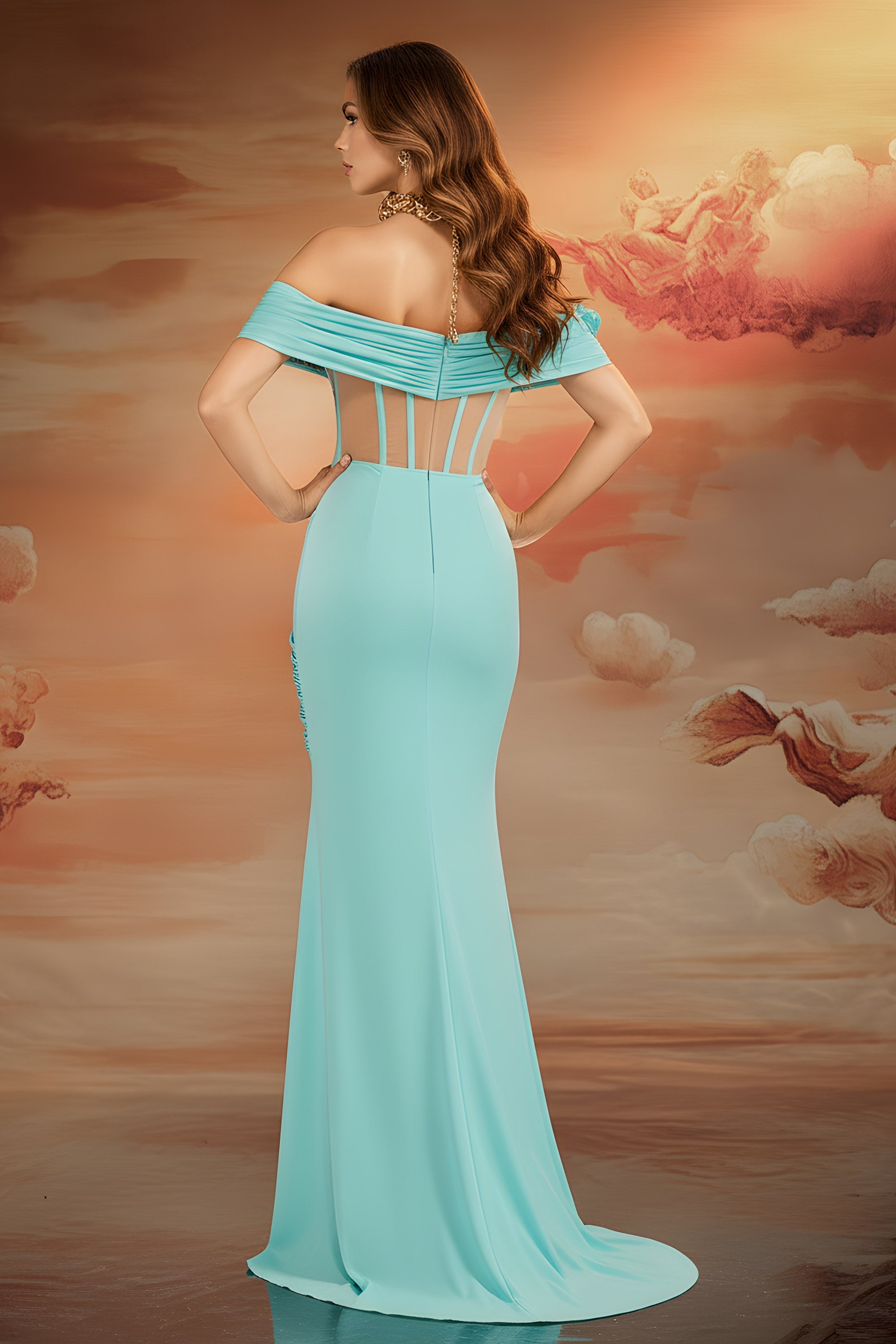 Off-Shoulder Evening Gown with Sheer Corset and Starfish Decor