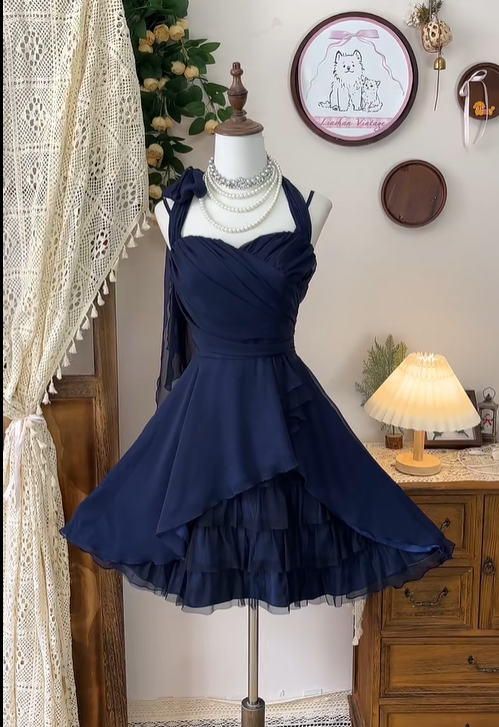 Vintage Navy Blue Chiffon A Line Homecoming Dress Cocktail Dress Mini Birthday Outfits