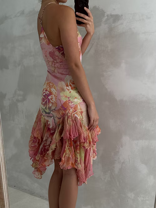 Pretty Pink Satin Print Floral Midi Party Gown Evening Dress - View 5 | VelvetHem