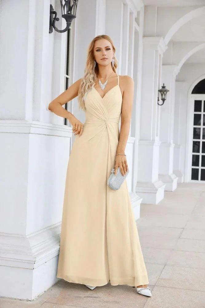 Ladies Chiffon Spaghetti Strap V Neck Front Slit Floor Length Bridesmaid Evening Dress Prom Party Wedding Evening Dress 28116 by numbersea