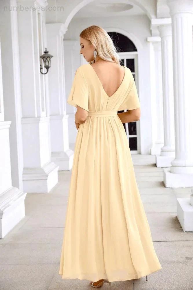 Ladies Chiffon Sleeve Crew Neck Front Slit Floor Length Bridesmaid Evening Dress Wedding Party Evening Dress 28124 (ZD17007)