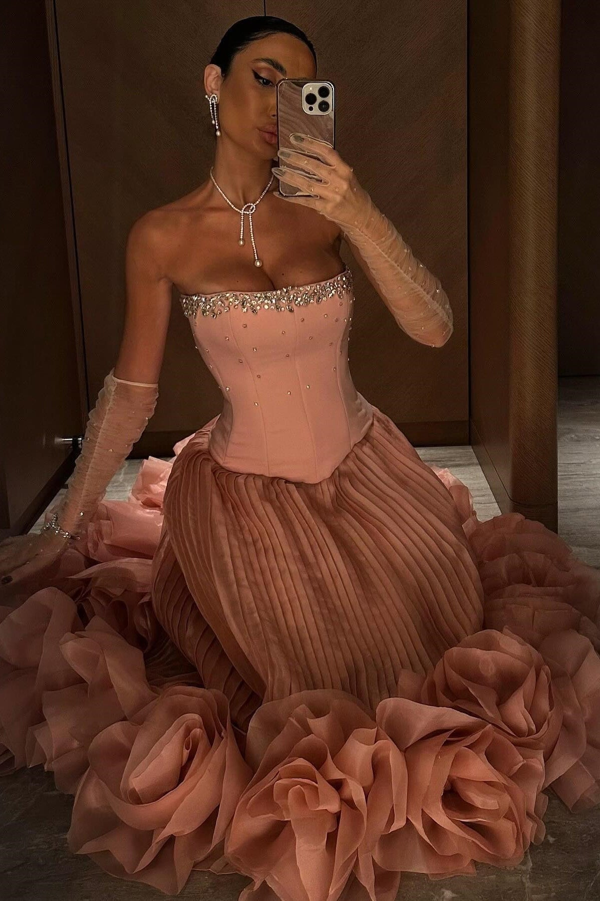 Princess A Line Strapless Pink Corset Long Formal Dress with Beading - View 5 | VelvetHem
