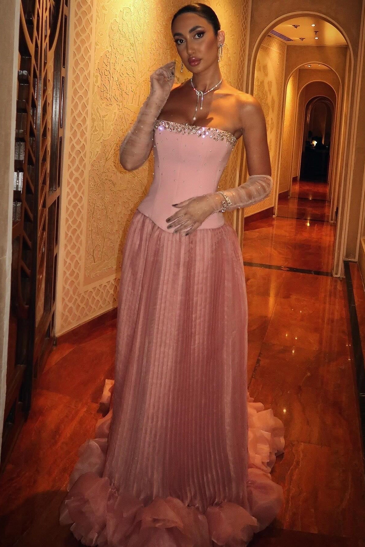 Princess A Line Strapless Pink Corset Long Formal Dress with Beading - View 3 | VelvetHem