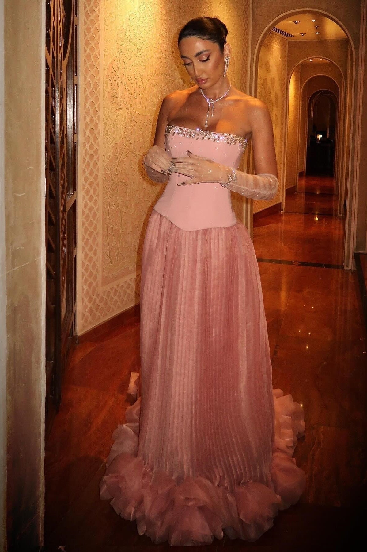 Princess A Line Strapless Pink Corset Long Formal Dress with Beading - VelvetHem
