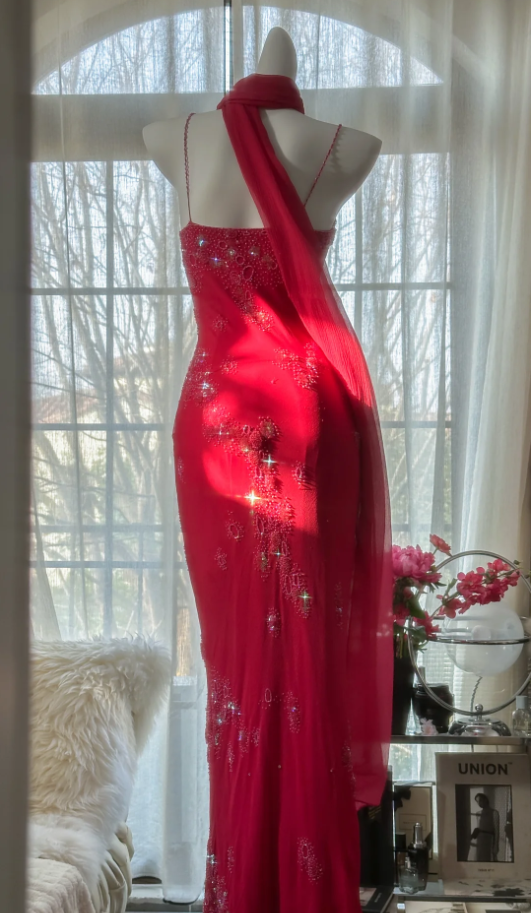 Pretty Red Spaghetti Straps Chiffon Beaded Mermaid Evening Dress Long Birthday Party Dress Prom Gown - View 6 | VelvetHem
