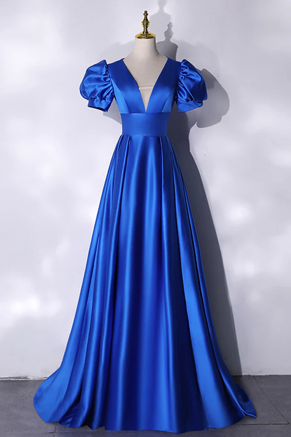 Blue satin long prom dress simple evening dress Y241 - VelvetHem