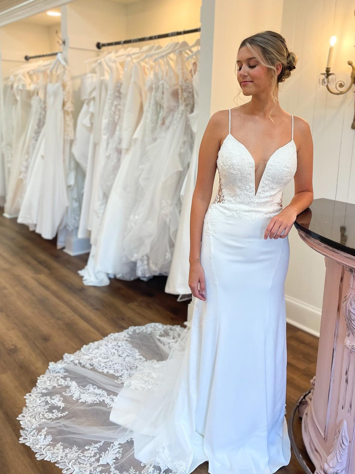Deep V-Neck Spaghetti Straps Mermaid Wedding Dress With Lace Train