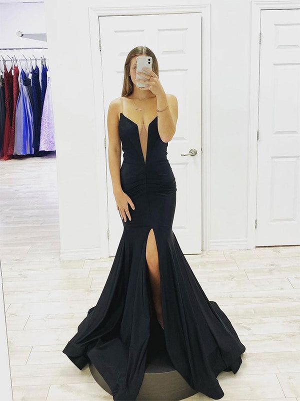 Black Mermaid Strapless Deep V Neck Satin Long Prom Dress with Slit - VelvetHem