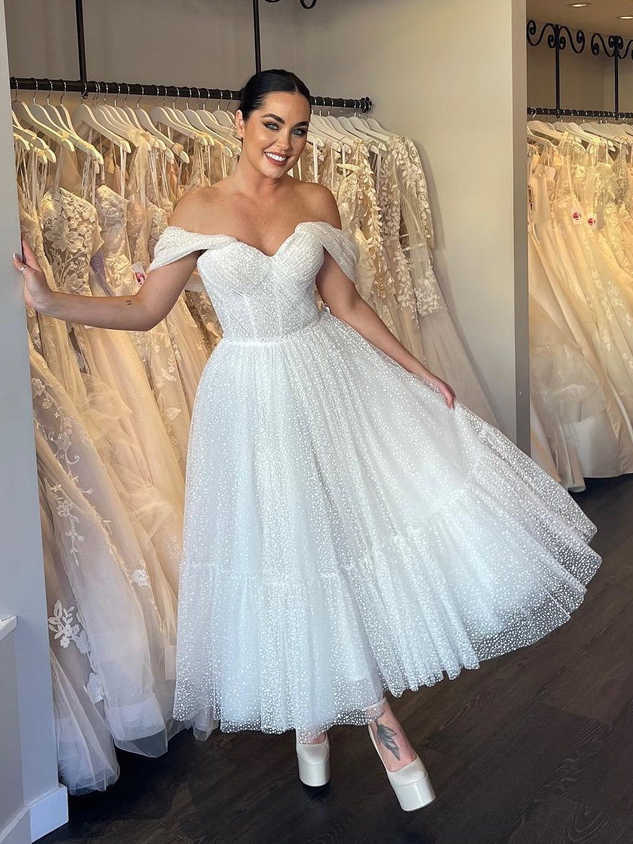 Off-the-shoulder Dot Tulle Tea-Length Wedding Dress - VelvetHem