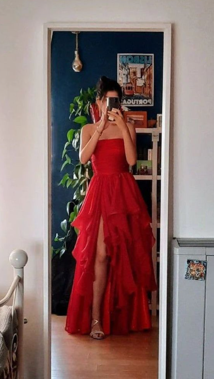 Sexy Red Tiered Tulle Long Prom Dress Strapless Slit A Line Evening Dress Party Dress - VelvetHem