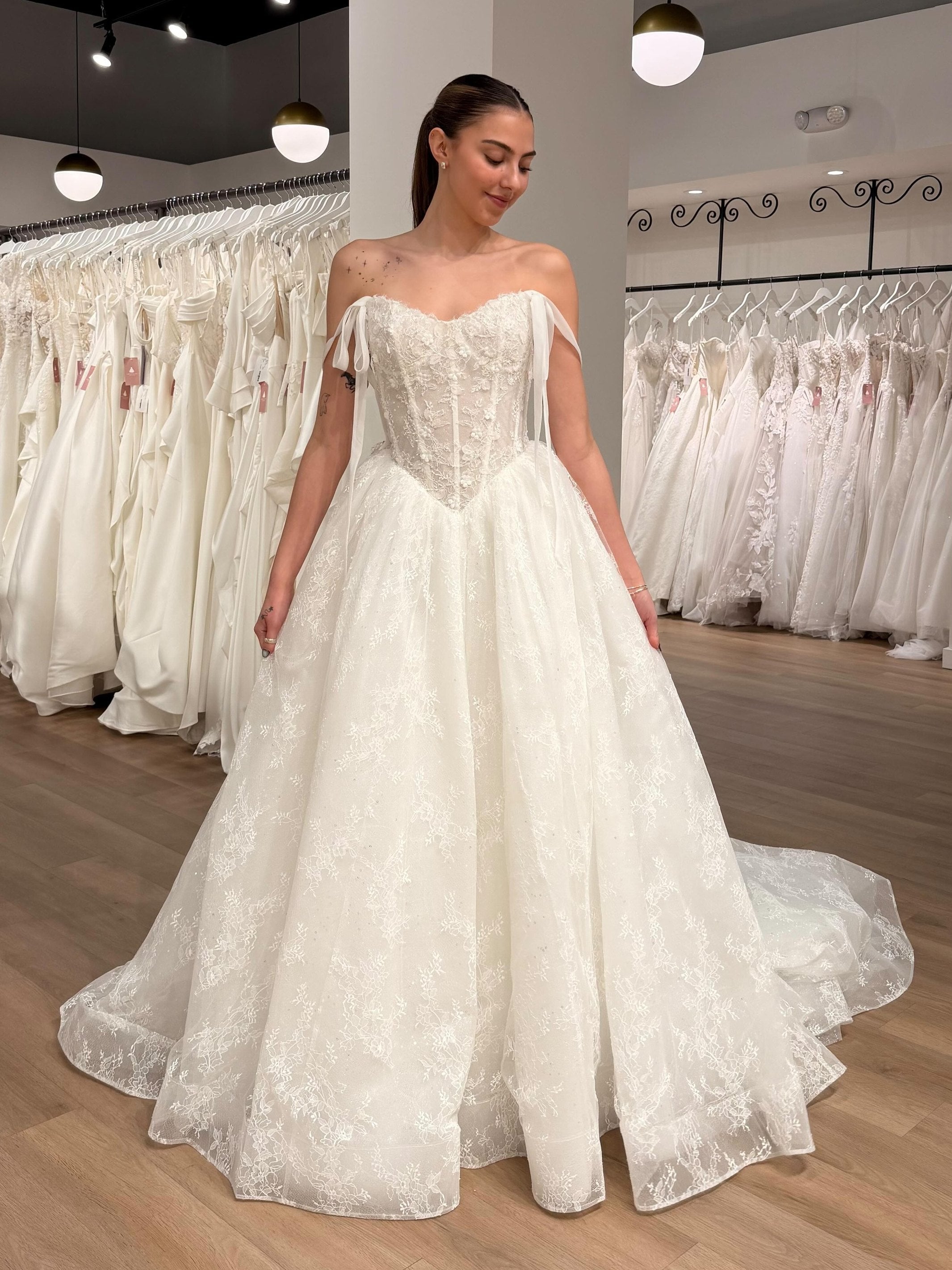 Classic Lace Corset Ballgown Wedding Gown Featuring Thin Off-Shoulder Ties