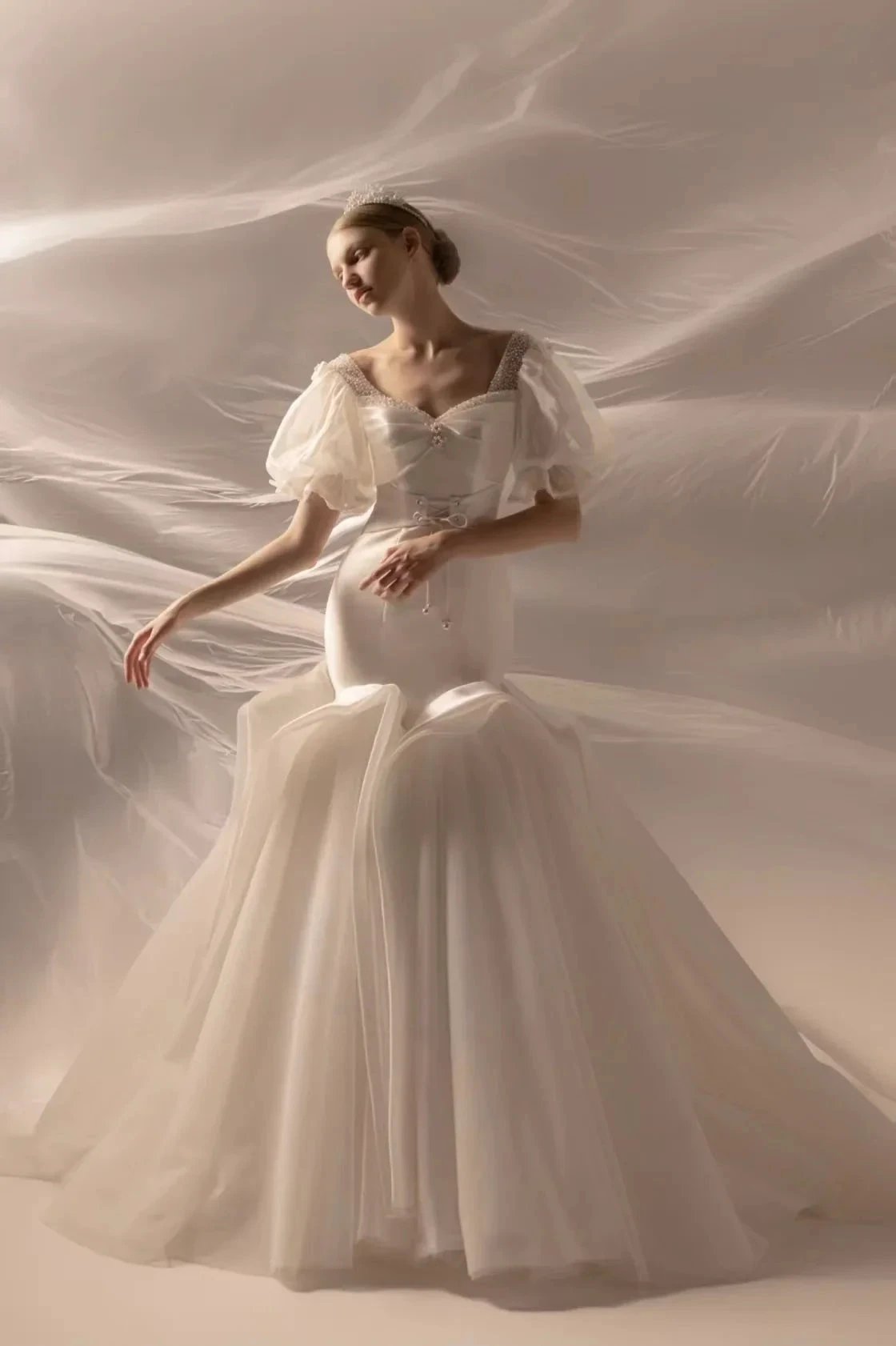 Elegant Mermaid Square Neck Organza Puff Sleeve Satin Wedding Dress with Crystal Trim & Lace-Up Back (ZD16912)