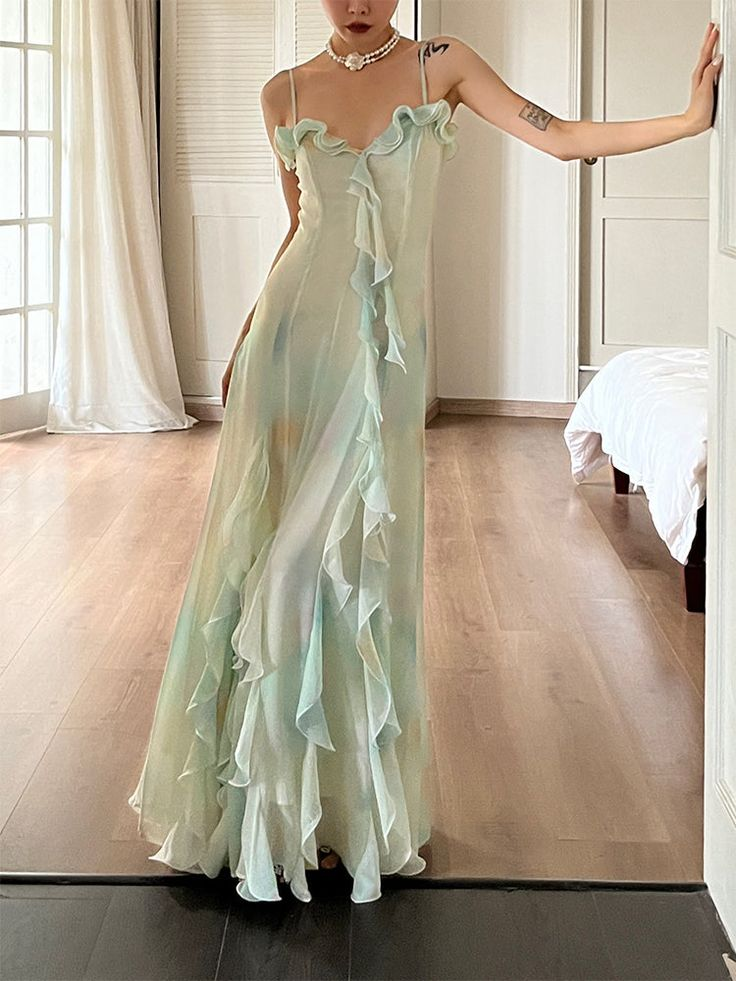 Beautiful Green Chiffon Layered Ruffle Prom Dress Straps Evening Gown Y7897 - VelvetHem