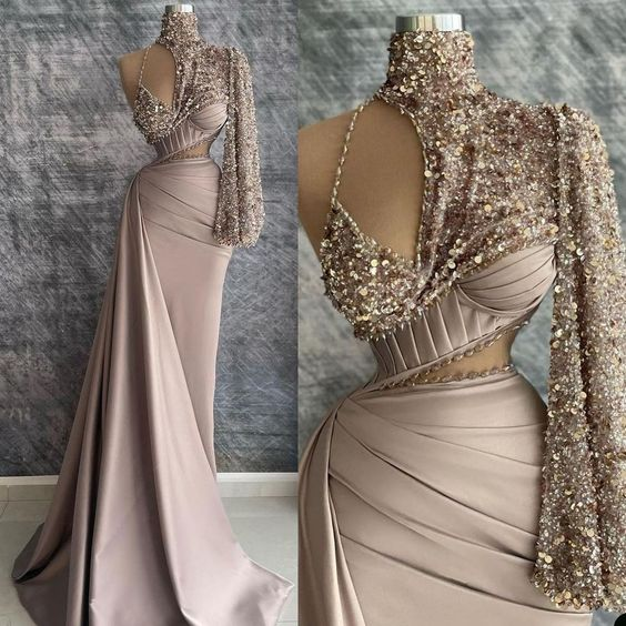 Champagne Prom Dress Beaded Prom Dress Pleats Prom Dress High Neck Evening Dress Y6620 - VelvetHem
