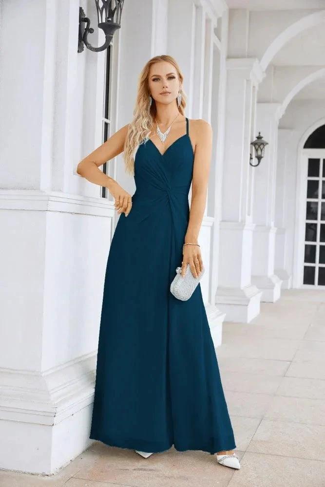 Ladies Chiffon Spaghetti Strap V Neck Front Slit Floor Length Bridesmaid Evening Dress Prom Party Wedding Evening Dress 28116 by numbersea