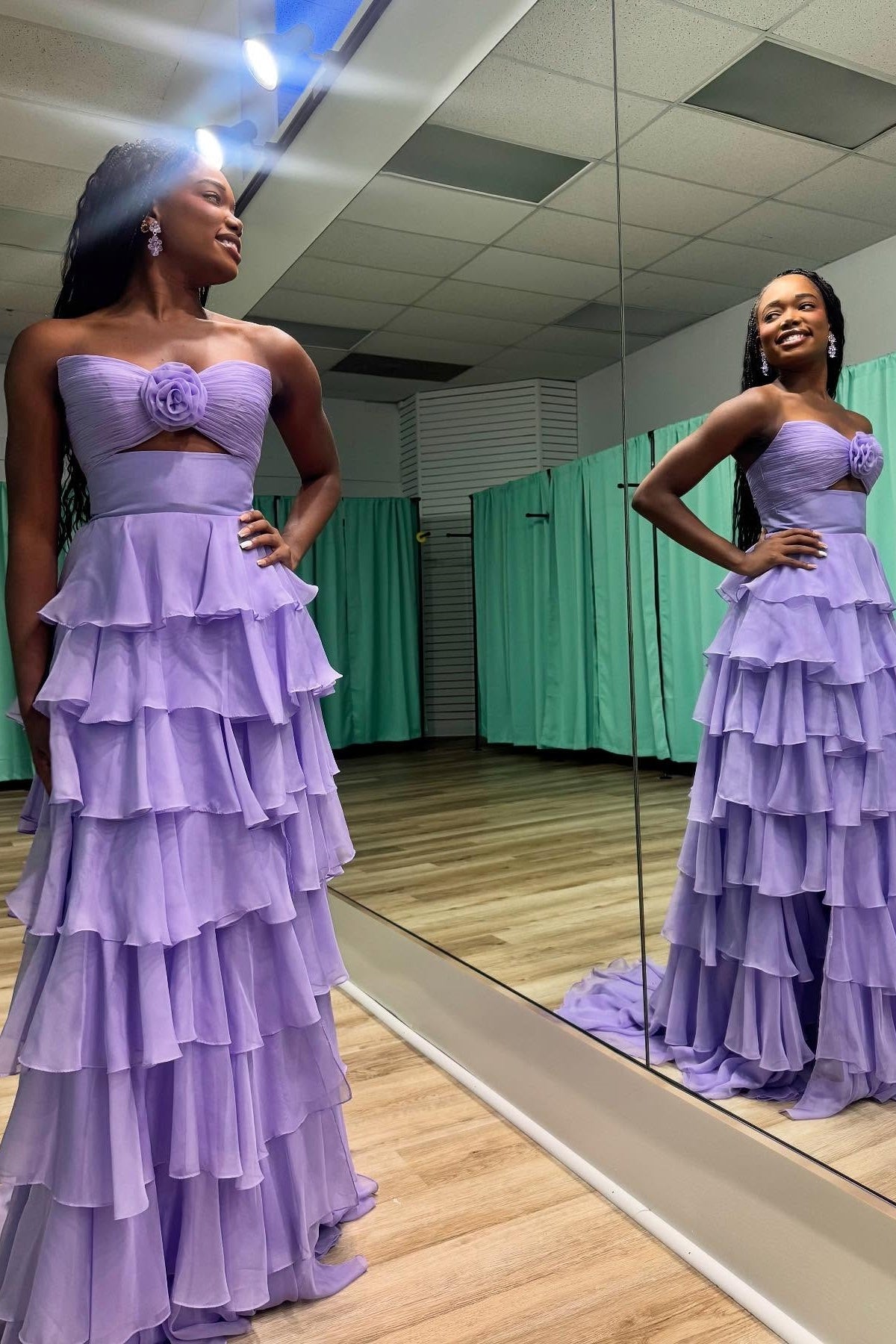 Sweety A-Line Sweetheart Pink Printed Long Tiered Prom Dress with Slit