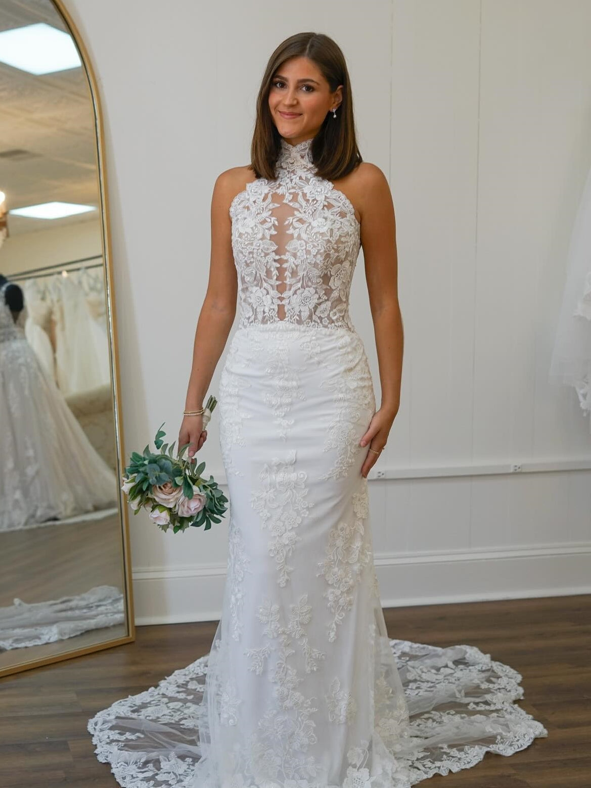 Mermaid Halter Neck Lace Open Back Long Wedding Dress - VelvetHem