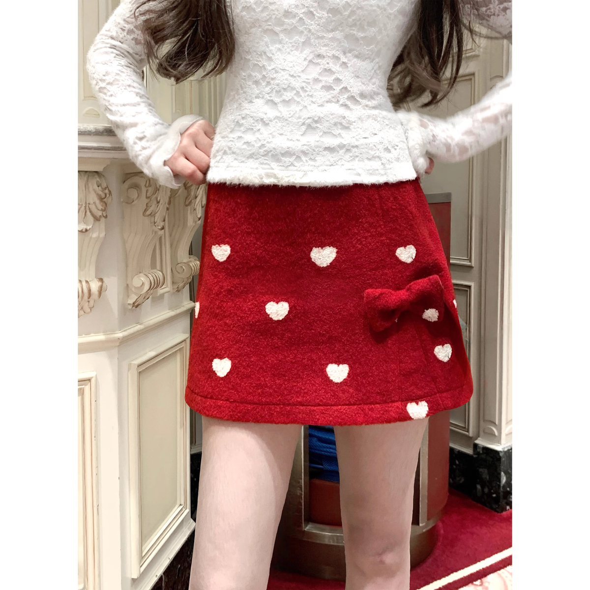 Red embroidered wool A-line skirt A110 - VelvetHem