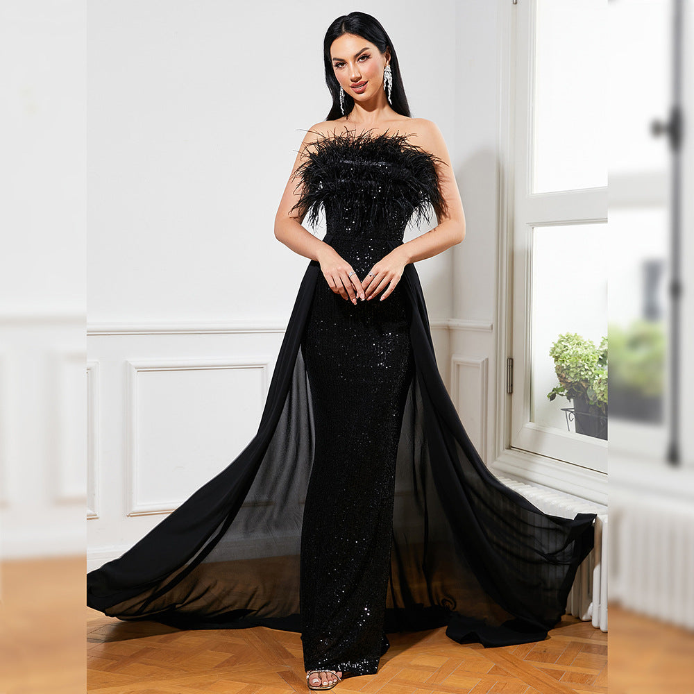 Sexy Long Sequined Sleeveless Feather Wrapped Chest Backless Cocktail Evening Dress Bridesmaid Bodycon Maxi Dress Women - VelvetHem