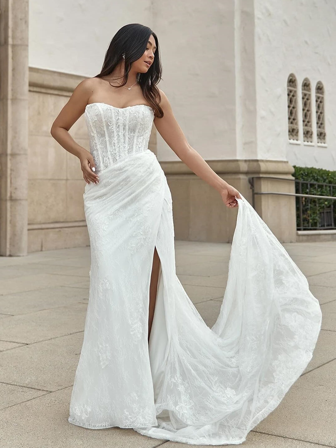 Sweetheart Ruched Lace Corset Mermaid Wedding Dress With Side Slit And Chapel Train - VelvetHem