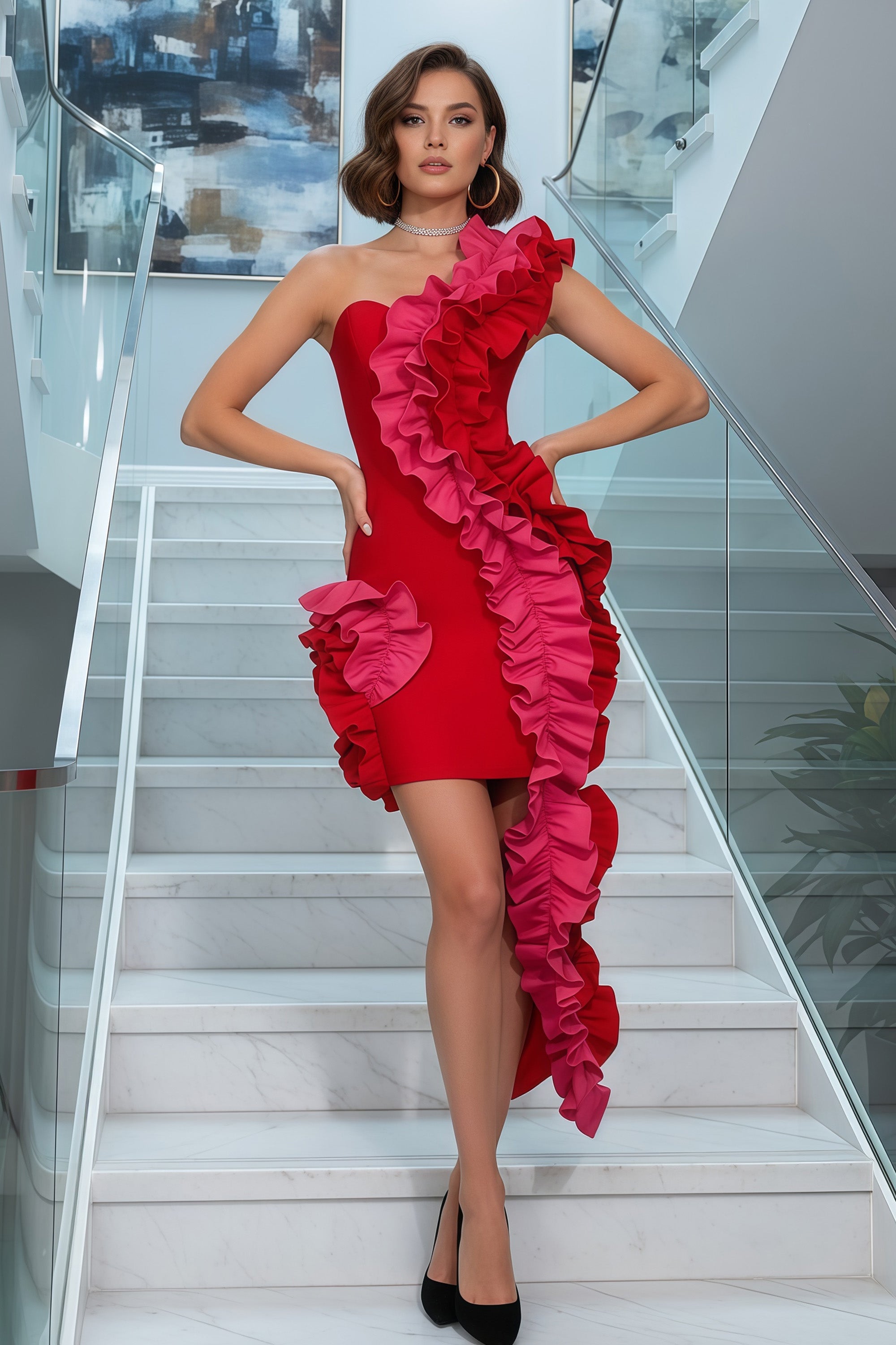 Elegant One-Shoulder Mini Dress With Cascading Ruffle Detail