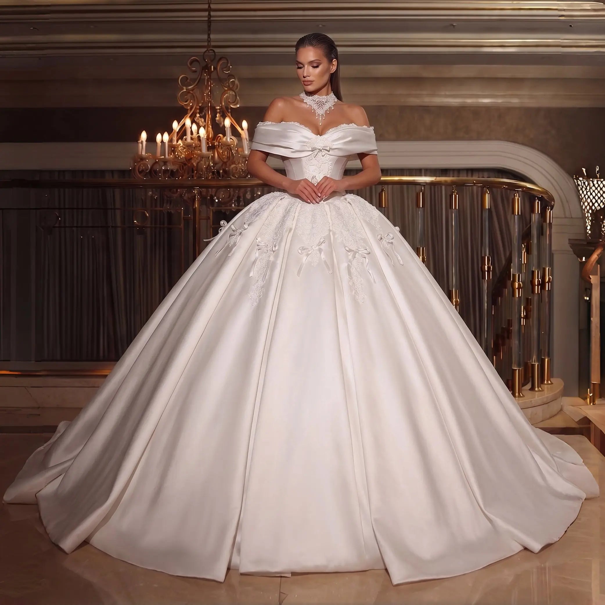 Off the Shoulder White Satin Ball Gown Wedding Dress with Long Cathedral Train ZP017