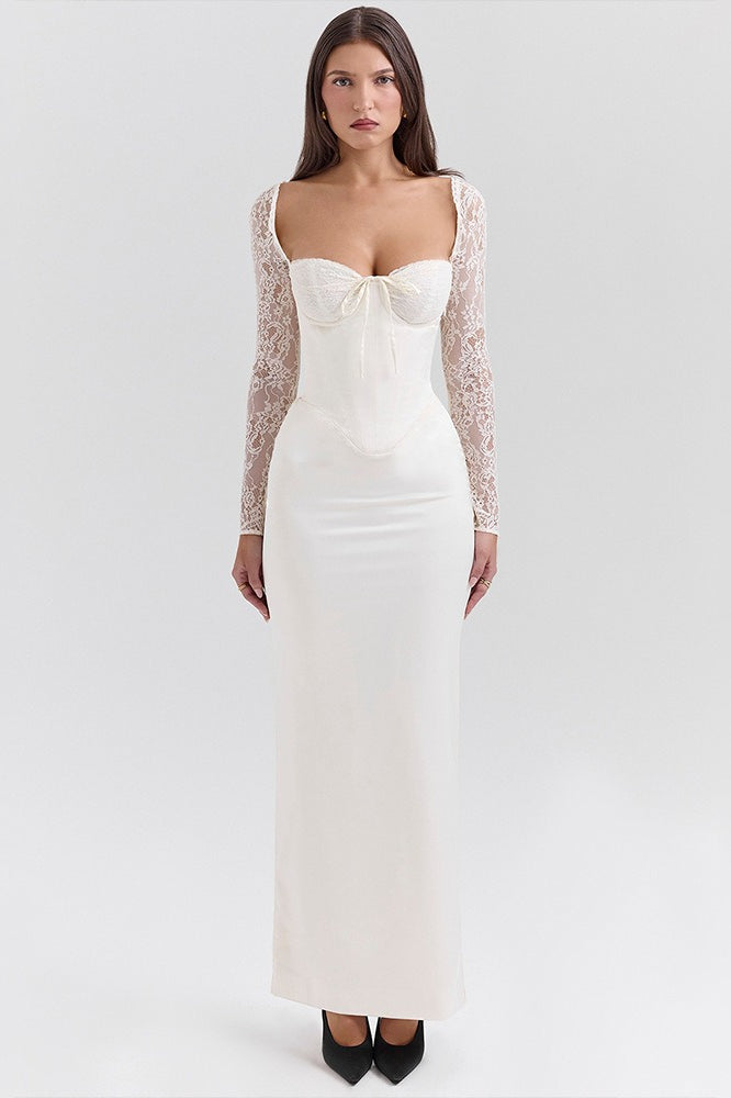 Long Sleeve Lace Satin Maxi Dress - View 3 | VelvetHem