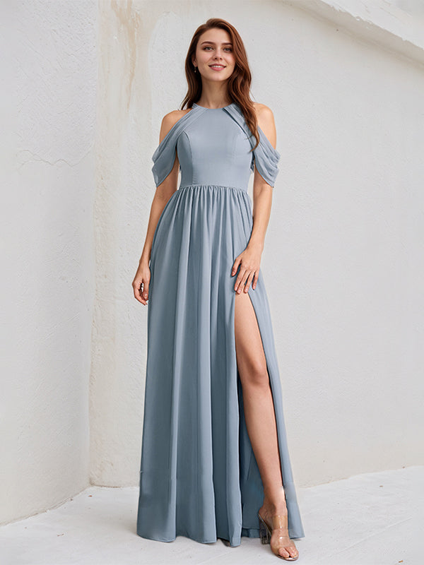 Dusty Blue A-Line High Neck Floor-Length Chiffon Bridesmaid Dress - VelvetHem