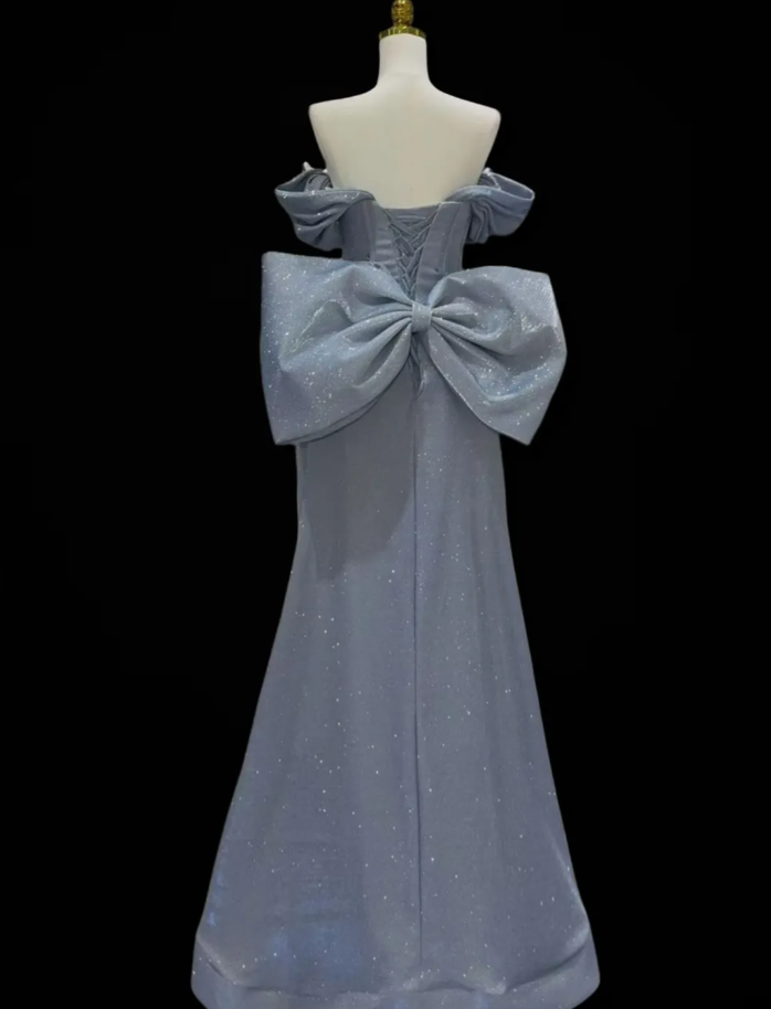 Gorgeous Off The Shoulder Gray Satin Sequin Beaded Mermaid Long Evening Dress Party Gown With Bow - View 2 | VelvetHem